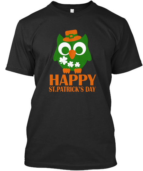 Happy St.Patrick's Day Owl Shamrock Black T-Shirt Front