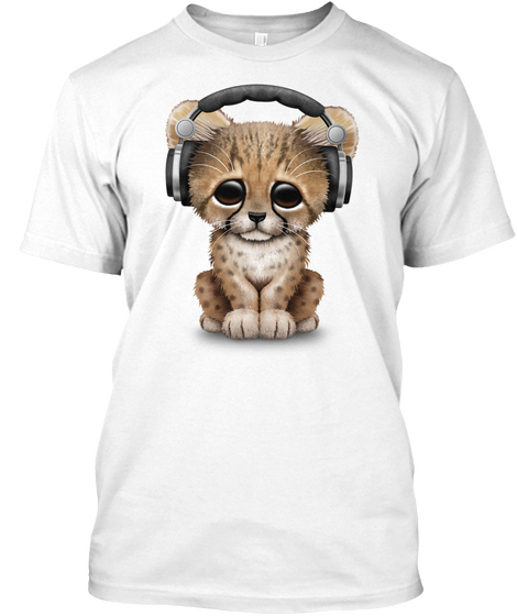 Cute Cheetah Cub Dj Wearing Headphones White Kaos Front