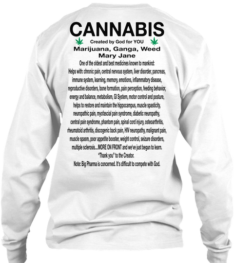 Cannabis Created By God For You Marijuana Ganga Weed Mary Jane White T-Shirt Back