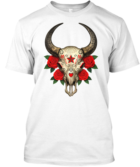 Bull Sugar Skull With Red Roses White Camiseta Front