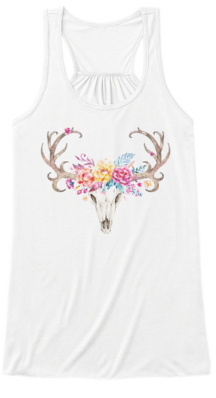 Deer Skull Flower White T-Shirt Front