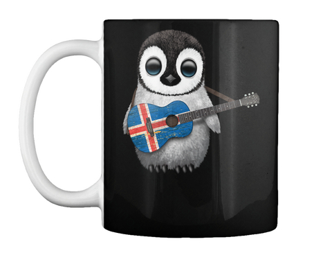 Mug   Baby Penguin Playing Icelandic Flag Guitar Black Kaos Front