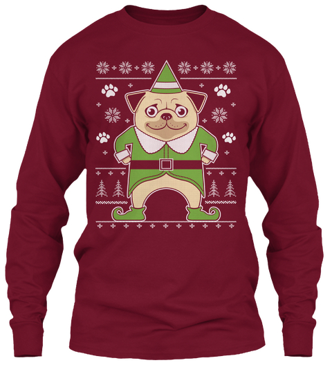 Pug Elf Ugly Sweater Tee Cardinal Red T-Shirt Front