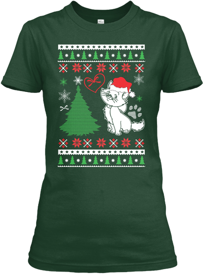 Cat  Ugly Christmas Sweater Style Forest Green T-Shirt Front