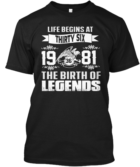 Life Begins At 36y Black T-Shirt Front