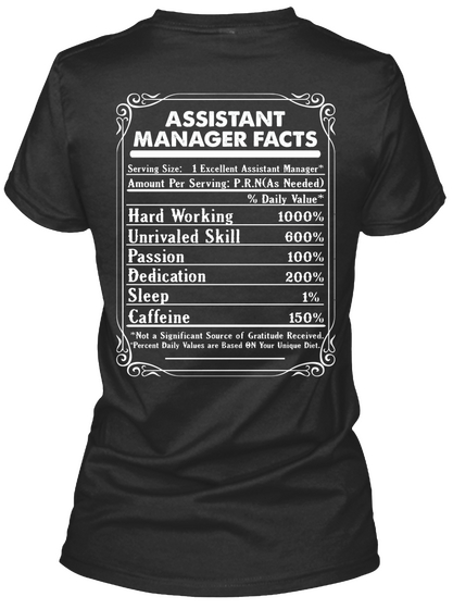 Assistant Manager Serving Size 1 Excellent Assistant Manager Amount Per Serving Prn ( As Needed) % Daily Value Hard... Black T-Shirt Back