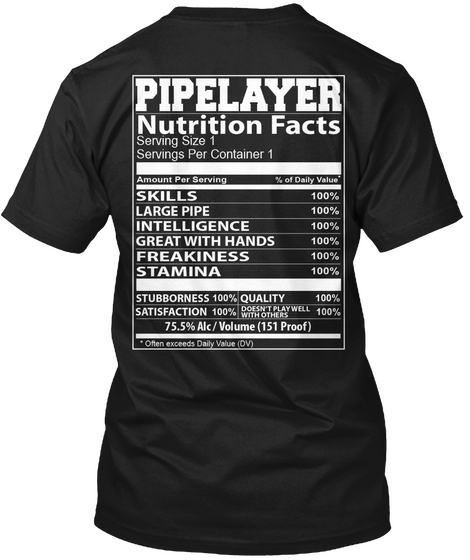 Pipelayer Nutrition Facts Black T-Shirt Back