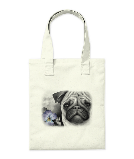 Sketched Pug With Colored Violet Flower Natural T-Shirt Back