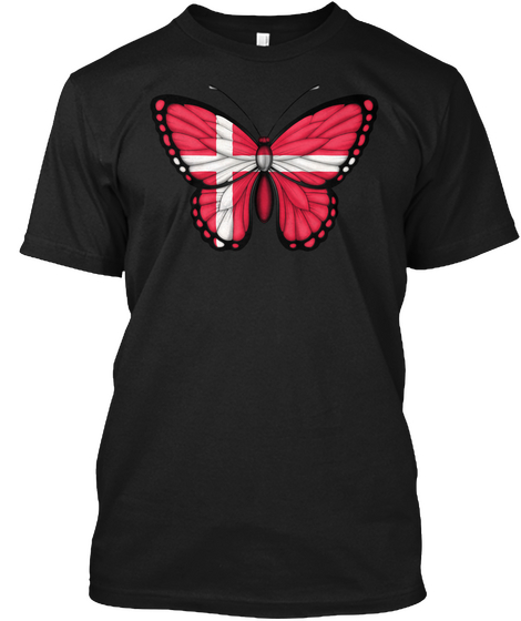 Danish Flag Butterfly Black T-Shirt Front
