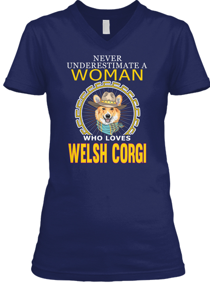 Power A Woman With Welsh Corgi Navy T-Shirt Front