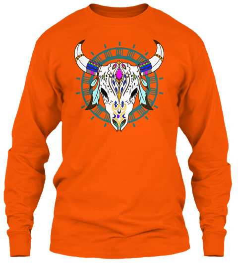 Bison / Buffalo Skull W Feathers Safety Orange T-Shirt Front