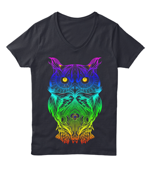 V Neck Psychedelic Retro Hippie Owl  Navy T-Shirt Front