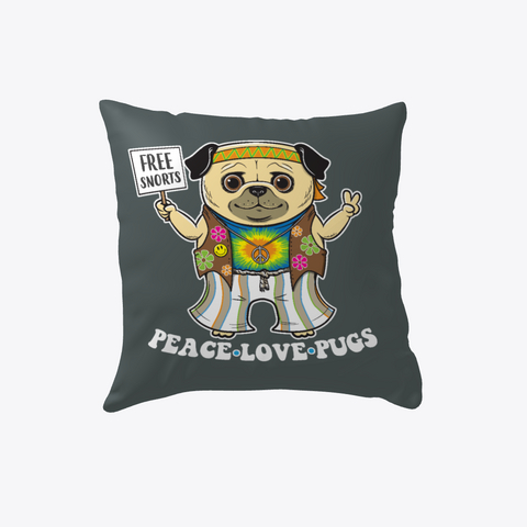 Pug Pillow Peace Love Pugs Dark Grey Kaos Front