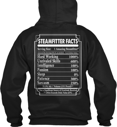 Steamfitter Facts Serving Size : 1 Amazing Steamfitter* Amount Per Serving (P.R.N. As Needed) % Of Daily Value * Hard... Black T-Shirt Back