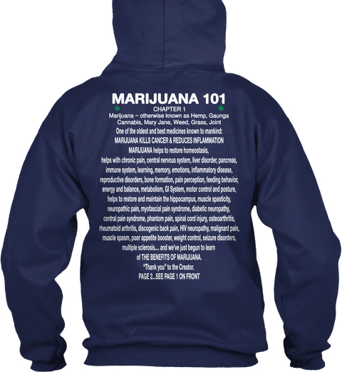 Marijuana 101 Chapter 1 Marijuana   Otherwise Known As Hemp Navy T-Shirt Back