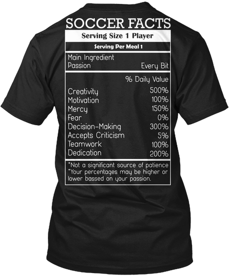 Soccer Facts Serving Size 1 Player Black T-Shirt Back