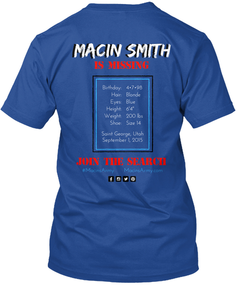 Macon Smith Is Missing Join The Search Deep Royal áo T-Shirt Back