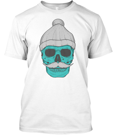 Hipster Skull Moustache Beanie White T-Shirt Front