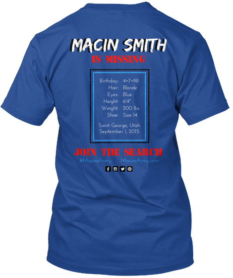 Macin Smith Is Missing Join The Search Deep Royal T-Shirt Back