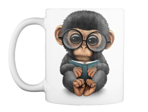 Mug   Cute Baby Chimpanzee Reading A Book White Kaos Front