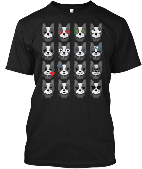 Boston Terrier Emoji Different Facial Expression Black T-Shirt Front