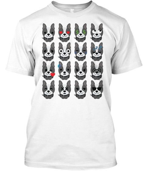 Boston Terrier Emoji Different Facial Expression White T-Shirt Front