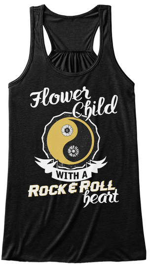 Flower Child Whit A Rock & Roll Heart Black áo T-Shirt Front
