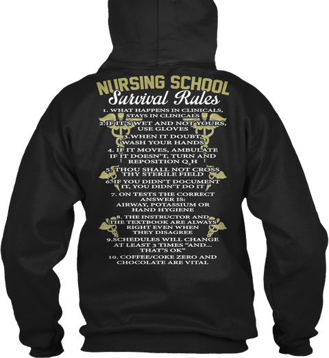 Nursing School Survival Rules Black T-Shirt Back