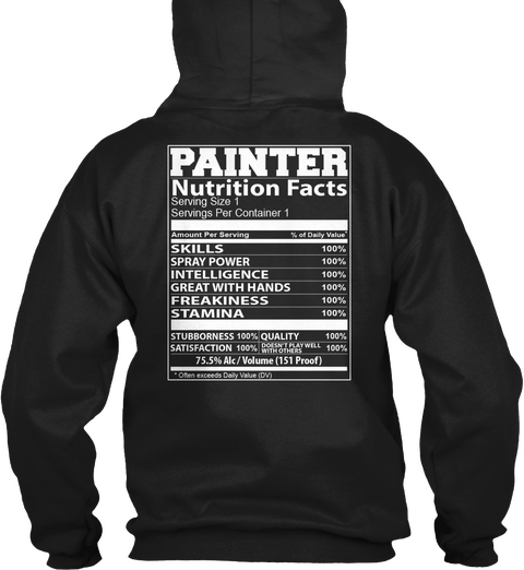 Painter Nutrition Facts Skills Spray Power Intelligence Great With Hands Freakiness Stamina Stubbornness Satisfaction Black T-Shirt Back