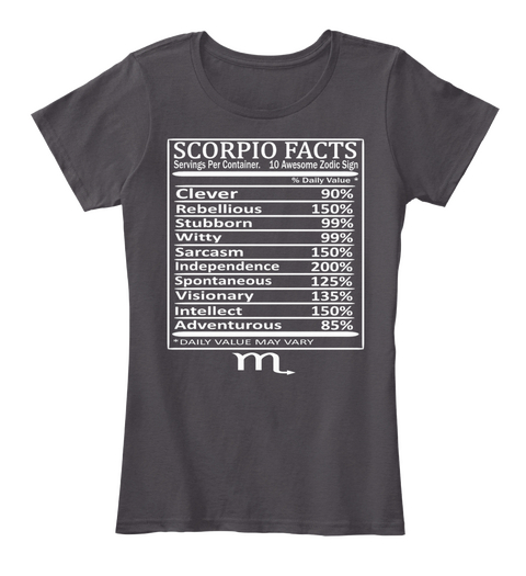 Scorpio Facts Servicing For Container 10 Awesome Zodic Sign 100 Daily Value *Clever 90% Rebellious 150% Stubborn 99%... Heathered Charcoal  T-Shirt Front