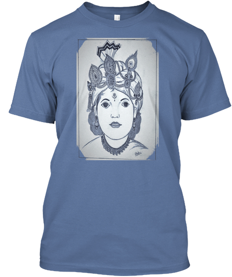 Indian God Krishna's Sketch Art Denim Blue T-Shirt Front