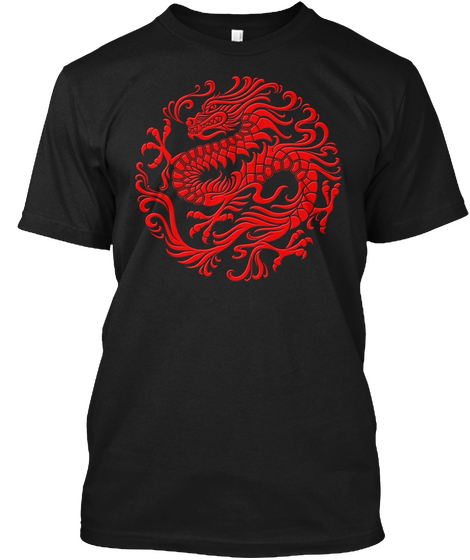 Traditional Red Chinese Dragon Circle Black T-Shirt Front