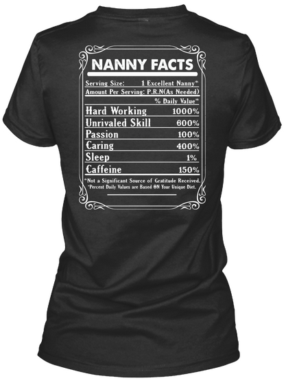  Nanny Facts
Serving Size: 1 Excellent Nanny
Amount Per Serving:P.R.N (As Needed)
        %Daily Value
Hard Working... Black T-Shirt Back