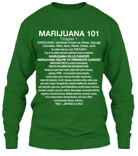 Marijuana 101 Chapter 1 Marijuana, Otherwise Known As Hemp, Gaunga
Cannabis, Mary Jane, Weed, Grass, Joint 
No Matter... Irish Green T-Shirt Front